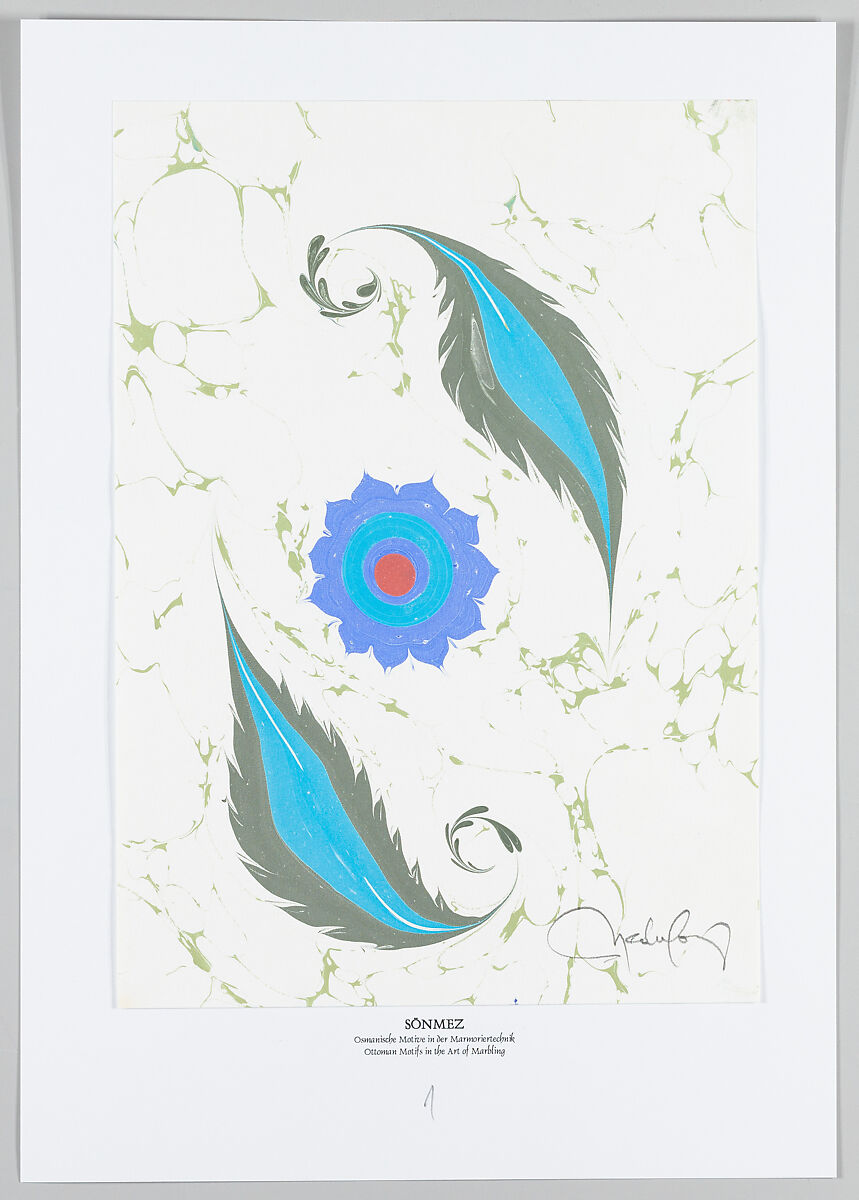 Sönmez Osmanische Motive in der Marmoriertechnik : mit 25 original Marmorpapieren, davon 1 Original als Einband-Überzug = Sönmez Ottoman motifs in the art of marbling : with 25 original samples of marbled papers, of which one is cover jacket, Nedim Sönmez (Turkish, born 1957)