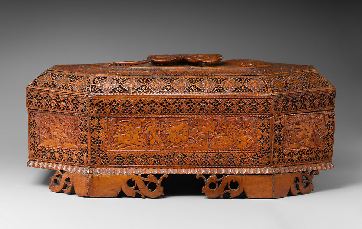 Carved Wooden Box, Pear wood; lined with silk
