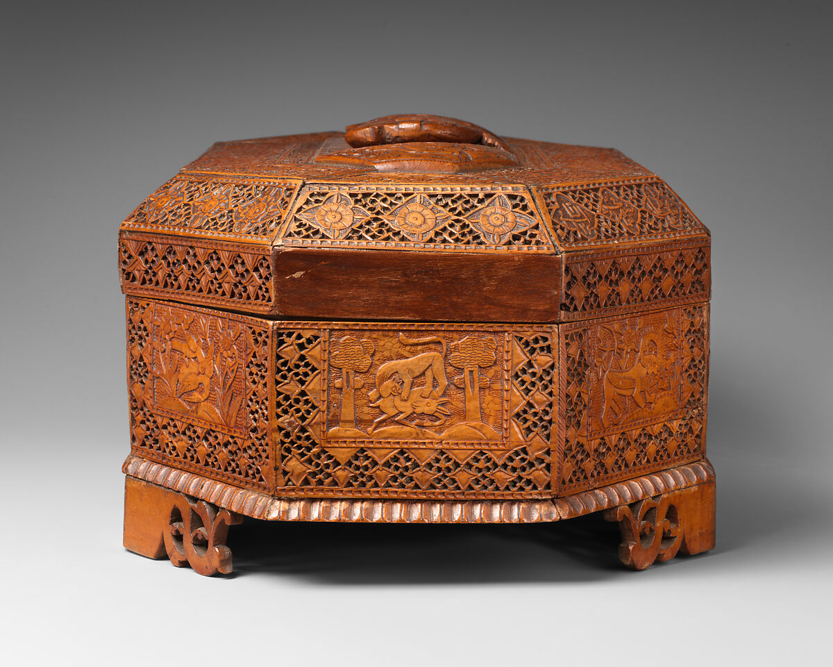 Carved Wooden Box, Pear wood; lined with silk