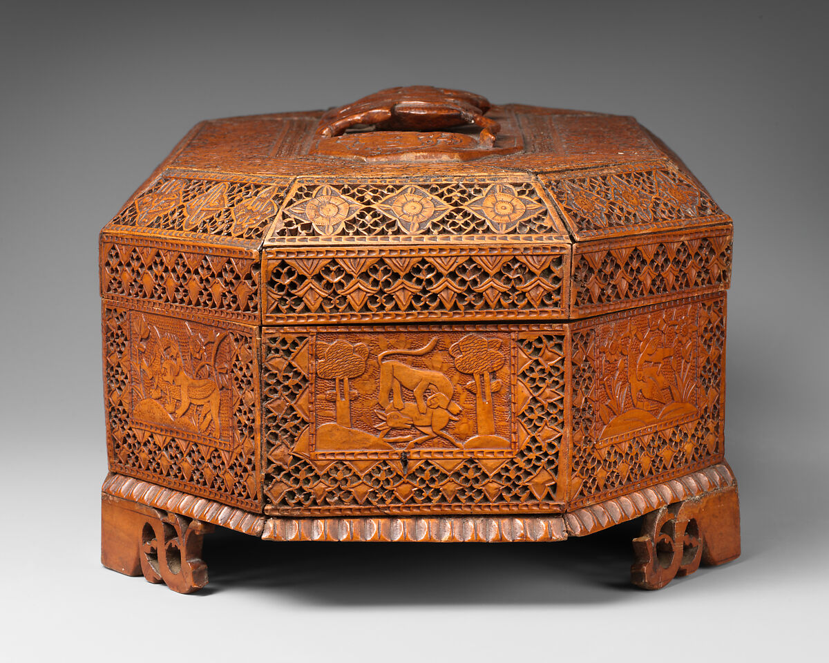 Carved Wooden Box, Pear wood; lined with silk