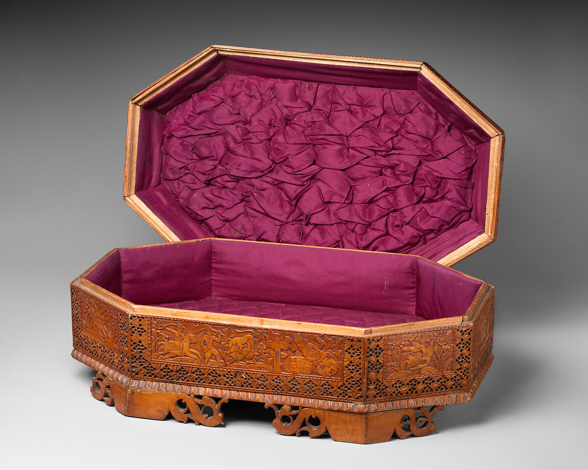Carved Wooden Box, Pear wood; lined with silk
