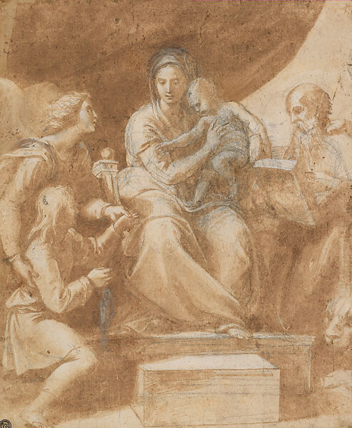 Modello Drawing for the Virgin and Child with Raphael, Tobias, and Saint Jerome (The Madonna del Pesce), Raphael (Raffaello Sanzio or Santi)  Italian, Brush and brown wash, highlighted with white gouache (some oxidized), over extensive black-chalk under- and overdrawing, on paper