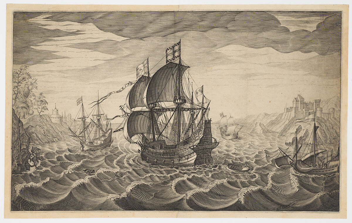 Four Sailing Ships on Choppy Seas, Attributed to Robert Willemsz de Baudous (Netherlandish, 1574/5–1659), Engraving 
