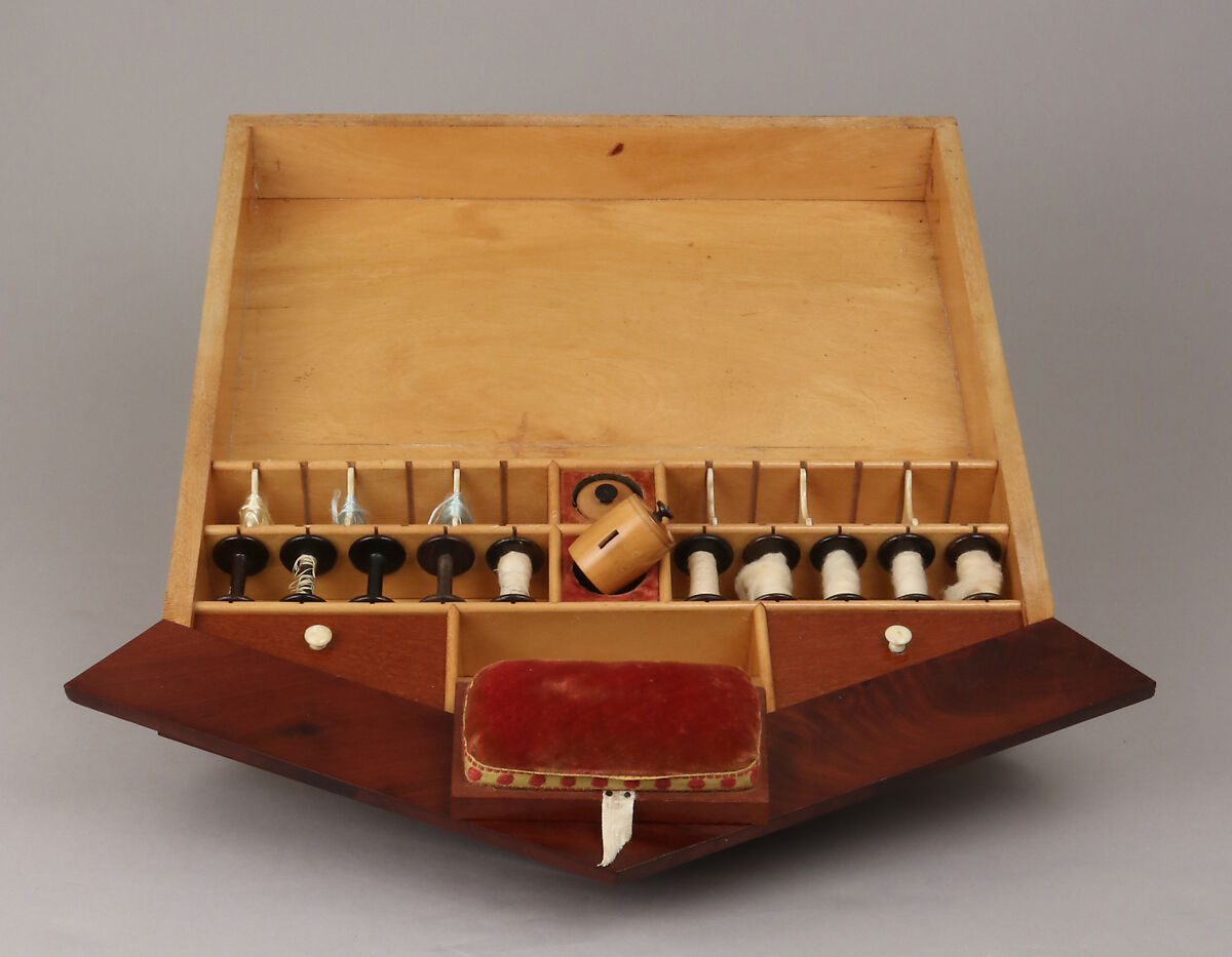 Work box in the form of a peacock, Mahogany, coniferous wood (pine?), oak; birch, boxwood, ebonized wood; inlay of sycamore, green stained holly, mahogany; bone, silver-gilt, blued steel, brass, velvet, printed paper, German, probably Berlin