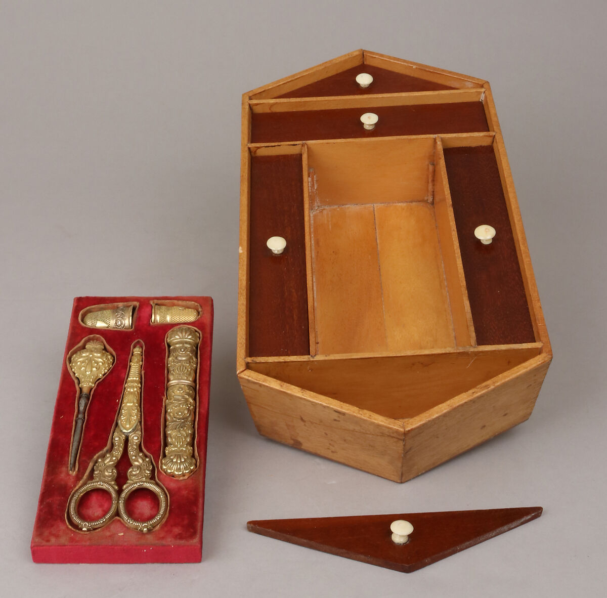 Work box in the form of a peacock, Mahogany, coniferous wood (pine?), oak; birch, boxwood, ebonized wood; inlay of sycamore, green stained holly, mahogany; bone, silver-gilt, blued steel, brass, velvet, printed paper, German, probably Berlin