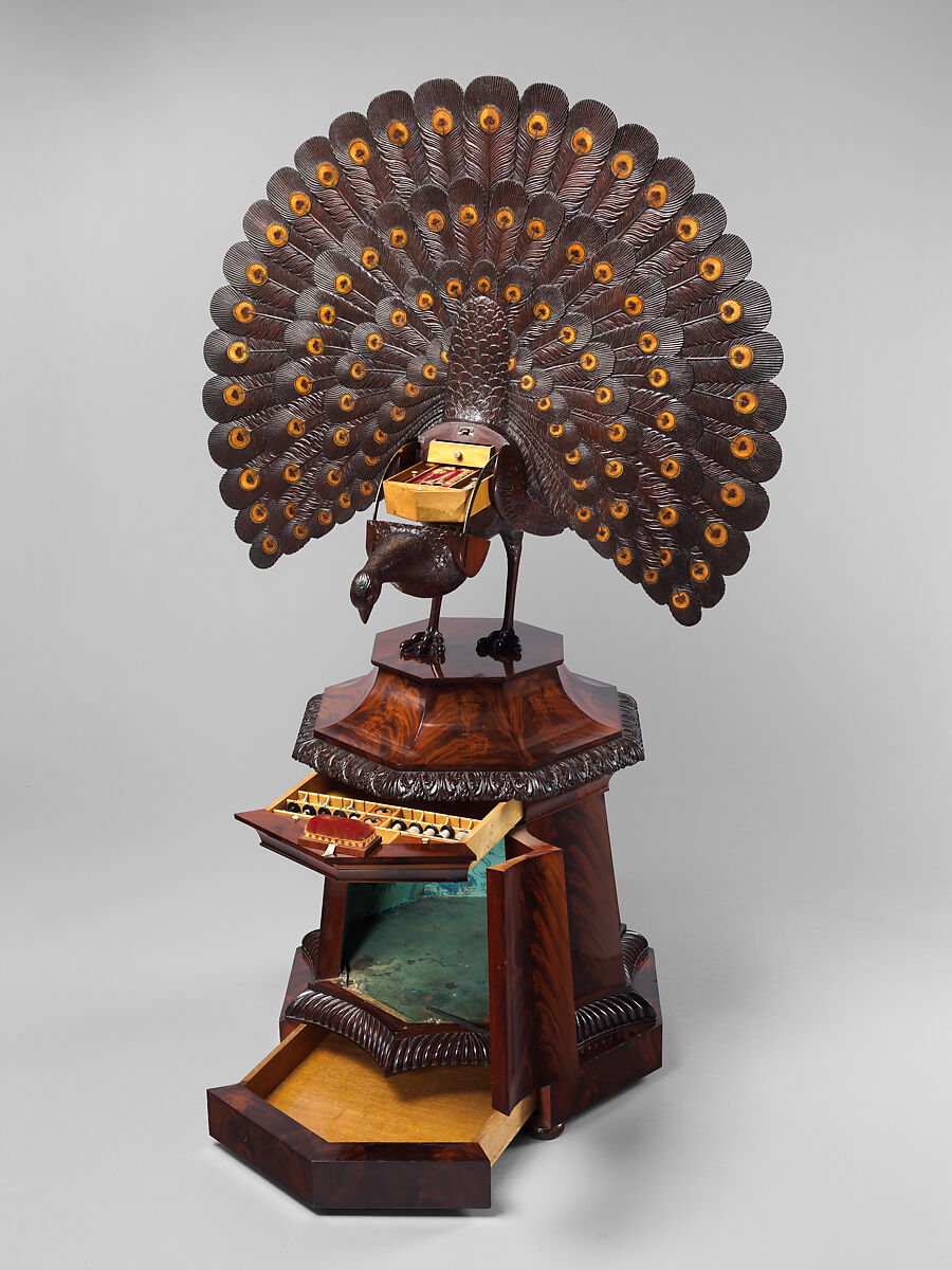 Work box in the form of a peacock, Mahogany, coniferous wood (pine?), oak; birch, boxwood, ebonized wood; inlay of sycamore, green stained holly, mahogany; bone, silver-gilt, blued steel, brass, velvet, printed paper, German, probably Berlin