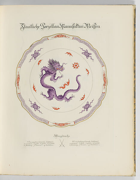 Sample Book of Asian-inspired Porcelain Patterns from the Staatliche Porzellan Manufaktur Meißen, Offizin Drugulin (Leipzig, 1866-present), Etched title page and 41 hand-colored etched plates, some heightened with gold