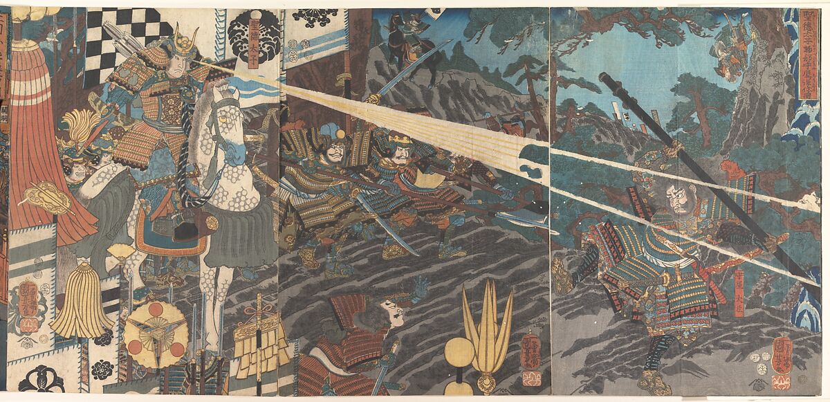 Shōtoku Taishi Destroying Mononobe no Moriya, Utagawa Kuniyoshi  Japanese, Triptych of woodblock prints (nishiki-e); ink and color on paper, Japan