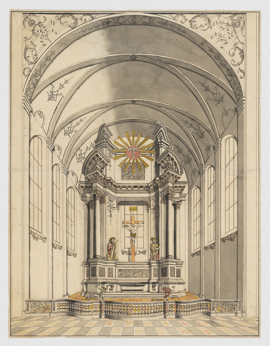 Presentation Drawing of a late Baroque Altar inside a Church, Anonymous, Central European, 18th century, Pen and black and brown ink, brush and gray wash, watercolor, and metallic pigment 