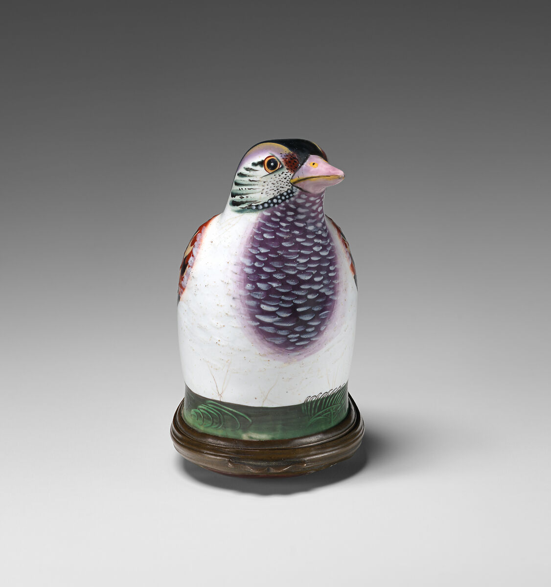 Bonbonnière in the form of a bird (finch), Enamel on copper, British, possibly South Staffordshire