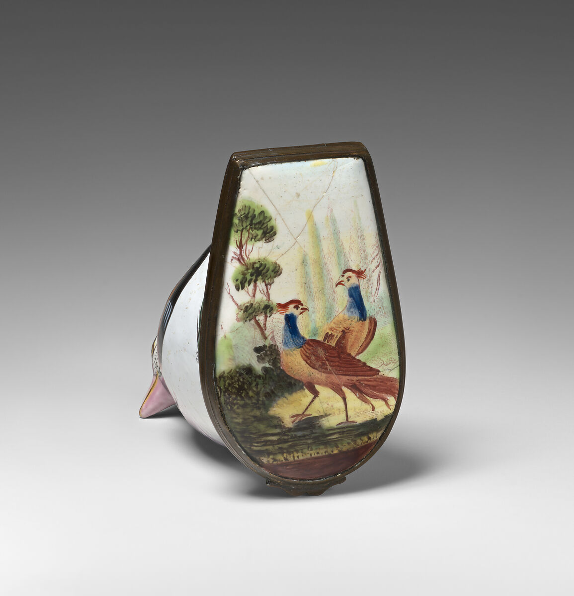 Bonbonnière in the form of a bird (finch), Enamel on copper, British, possibly South Staffordshire