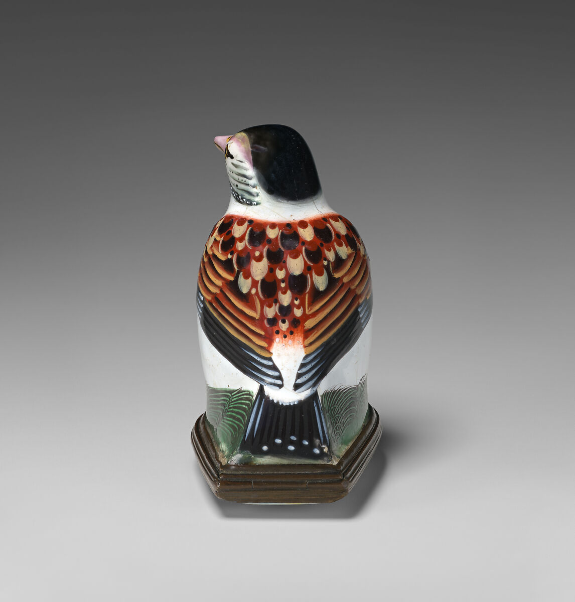 Bonbonnière in the form of a bird (finch), Enamel on copper, British, possibly South Staffordshire