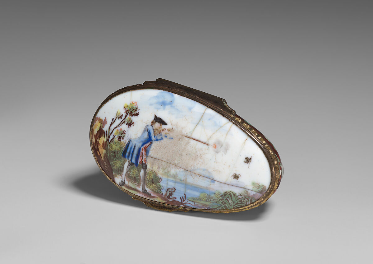 Bonbonnière in the form of a bird (snipe), Enamel on copper, British, possibly South Staffordshire