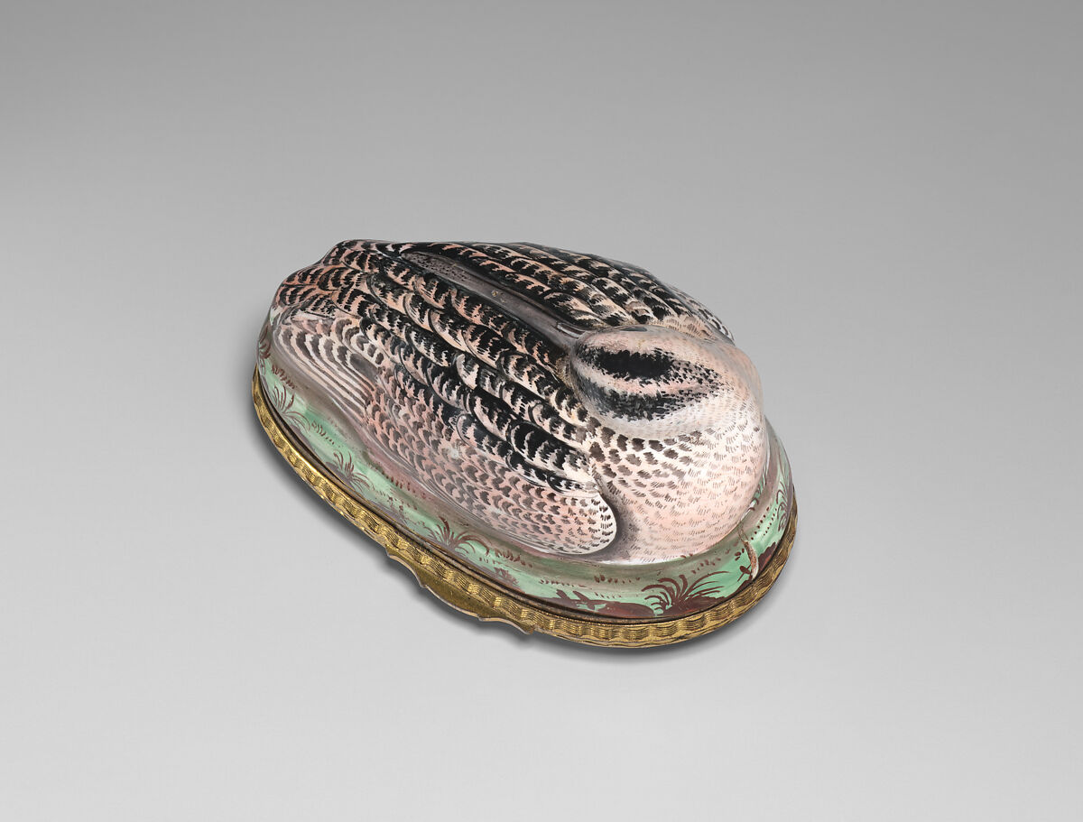 Bonbonnière in the form of a bird (snipe), Enamel on copper, British, possibly South Staffordshire