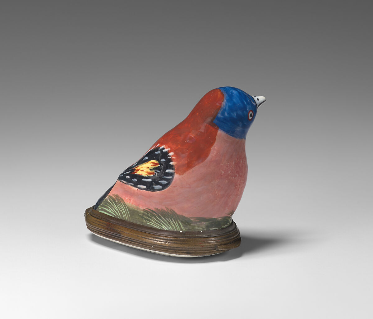 Bonbonnière in the form of a fantastical bird, Enamel on copper, British, possibly South Staffordshire