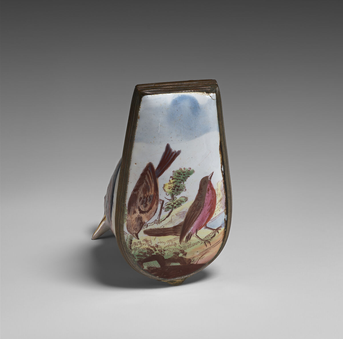 Bonbonnière in the form of a bird, Enamel on copper, British, possibly South Staffordshire