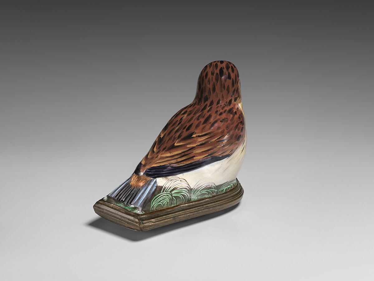 Bonbonnière in the form of a bird, Enamel on copper, British, possibly South Staffordshire
