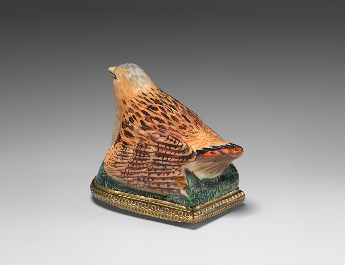 Bonbonnière in the form of a bird (grouse), Enamel on copper, mirror glass, British, possibly South Staffordshire