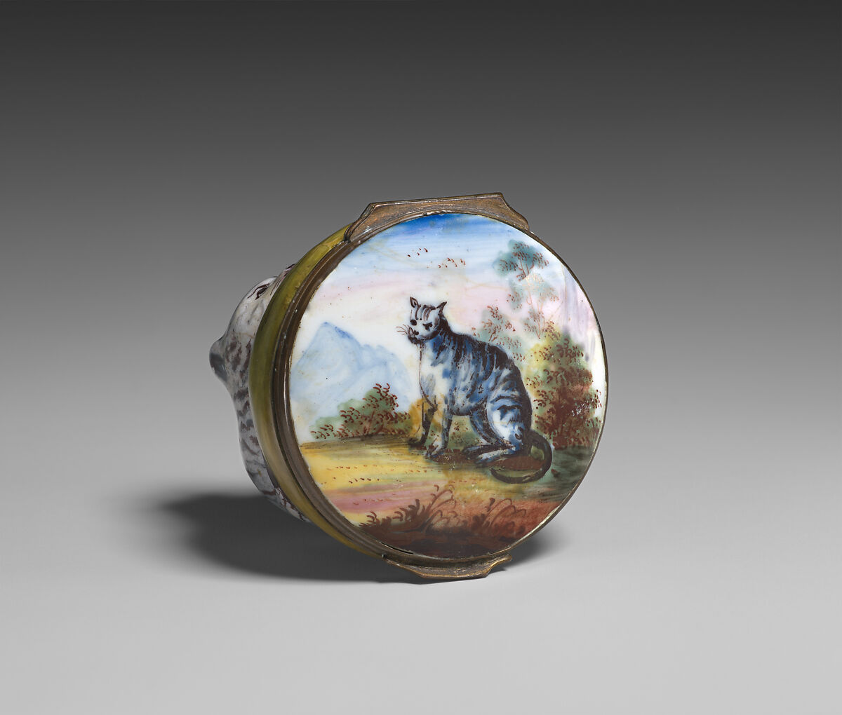 Bonbonnière in the form of a tabby cat, Enamel on copper, British, possibly Bilston