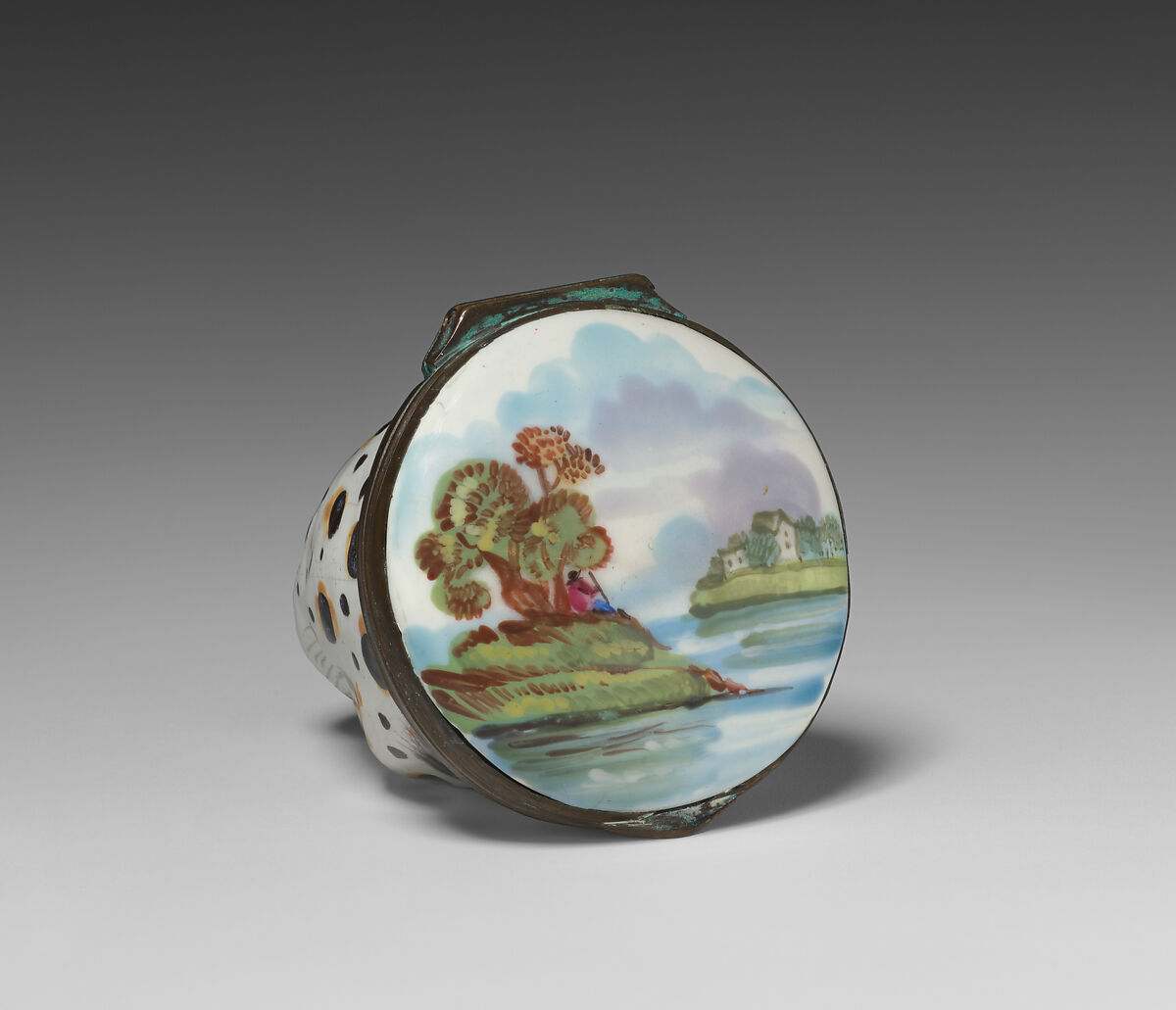 Bonbonnière in the form of a leopard's head, Enamel on copper, British, possibly South Staffordshire, possibly Bilston