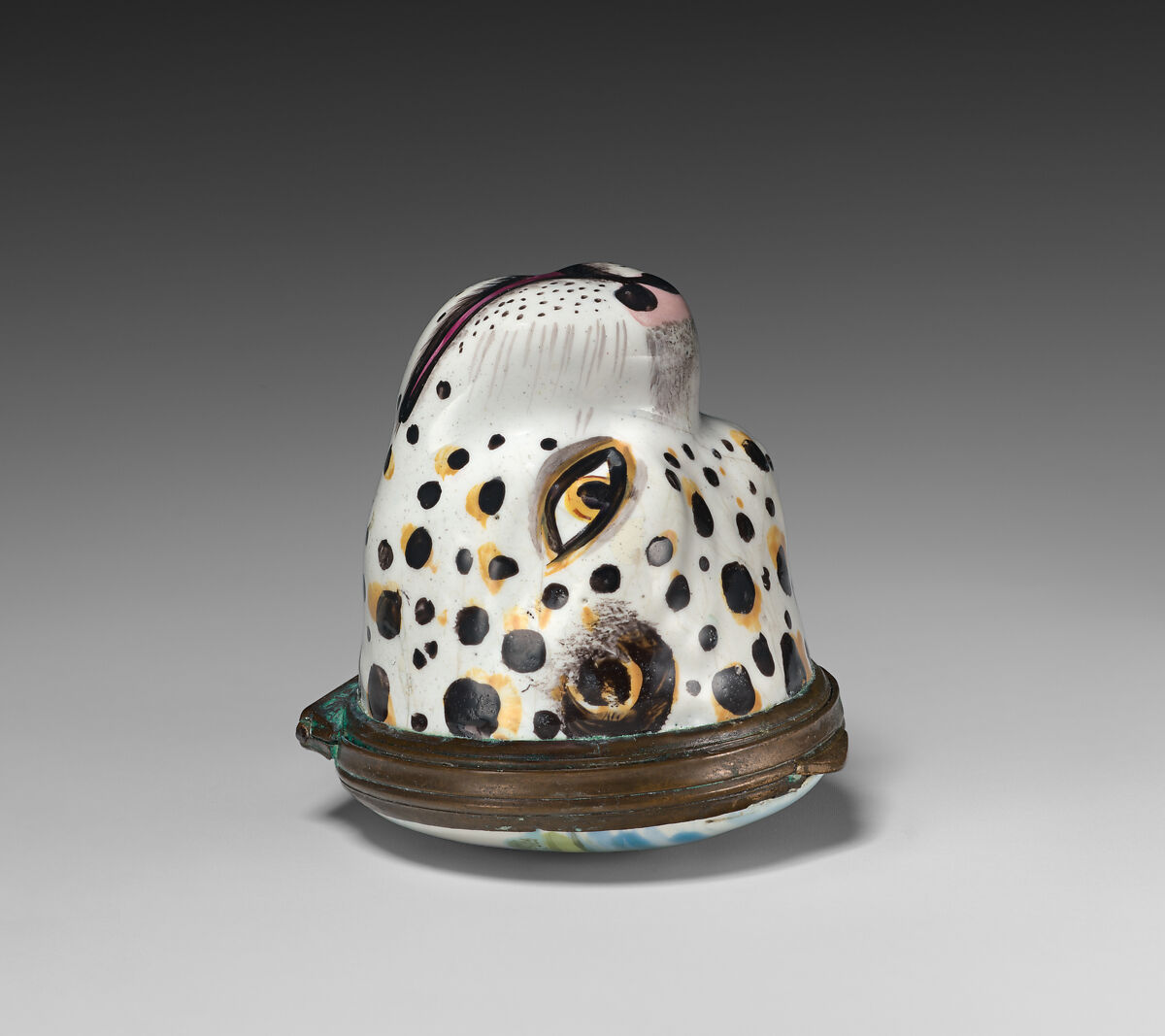 Bonbonnière in the form of a leopard's head, Enamel on copper, British, possibly South Staffordshire, possibly Bilston