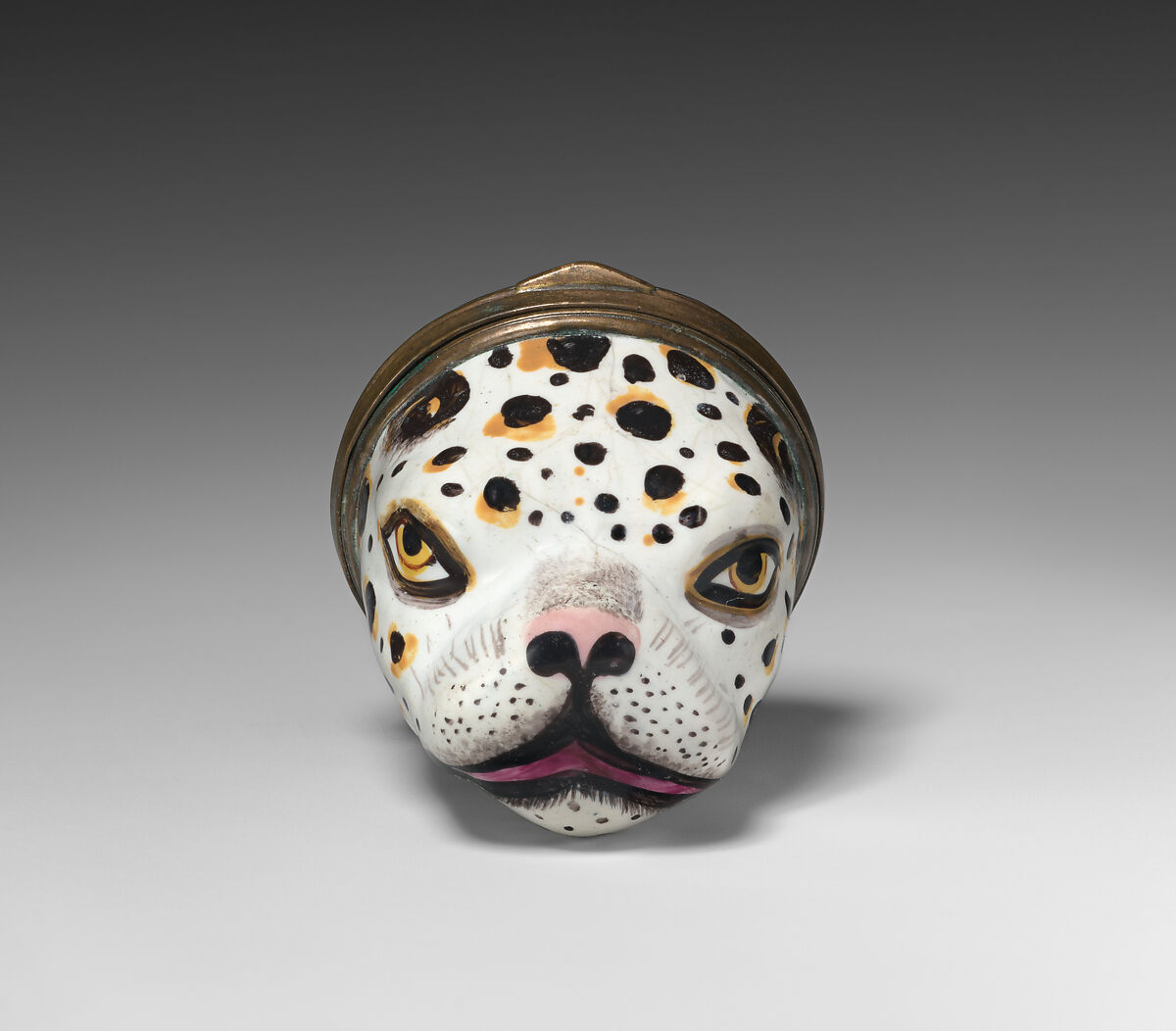 Bonbonnière in the form of a leopard's head, Enamel on copper, British, possibly South Staffordshire, possibly Bilston