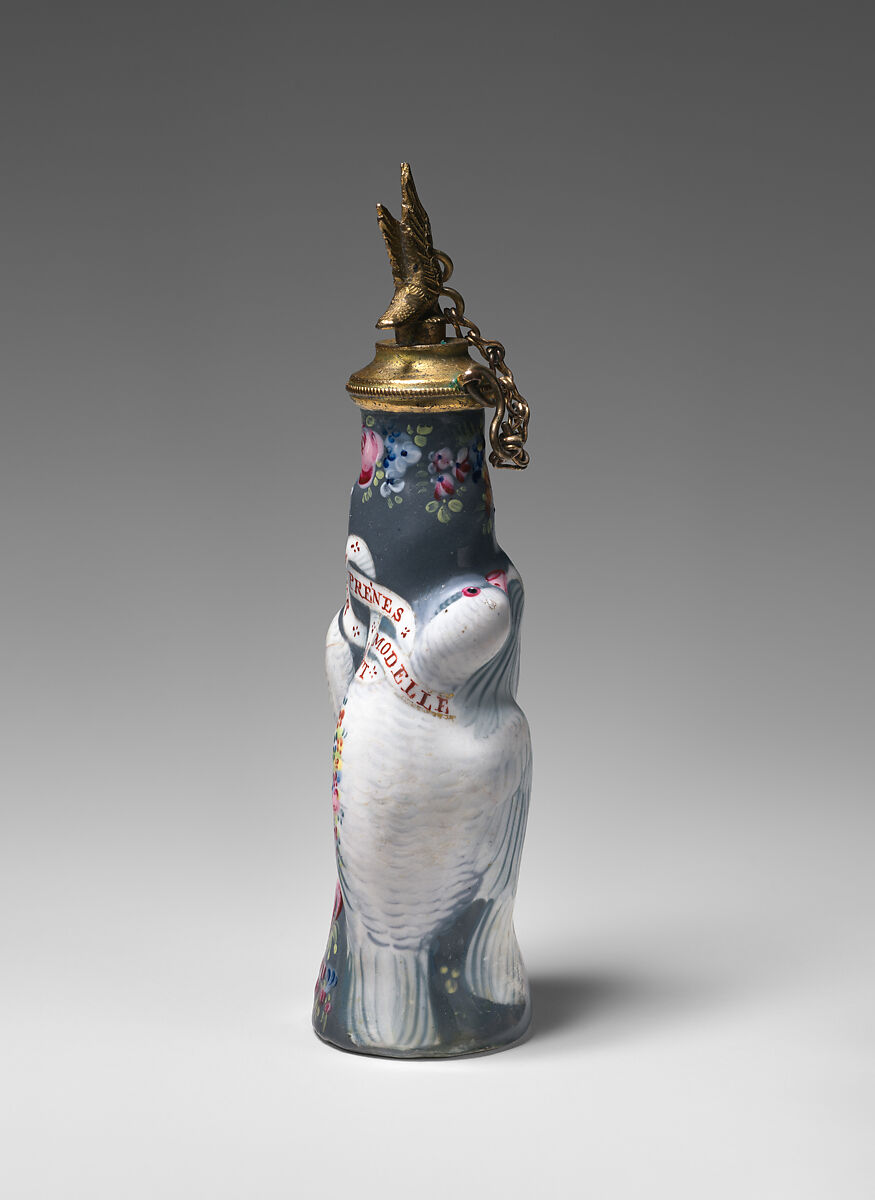 Scent bottle with two doves, Enamel on copper, British, possibly South Staffordshire, possibly Bilston