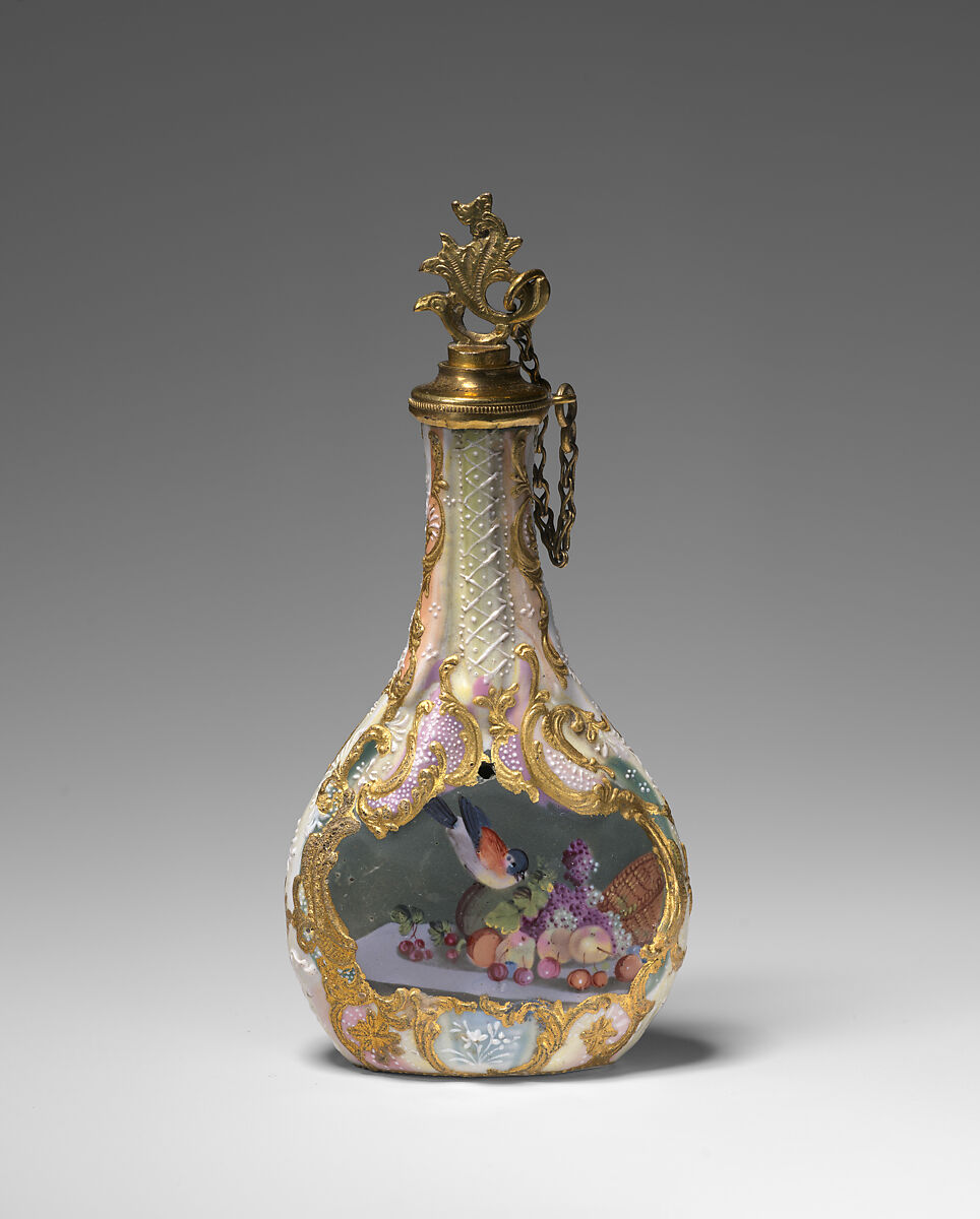 Scent bottle with still life of fruit, decoration of one side after Robert Hancock (British, Burslem 1730–1817 Bristol), Enamel on copper, British, South Staffordshire