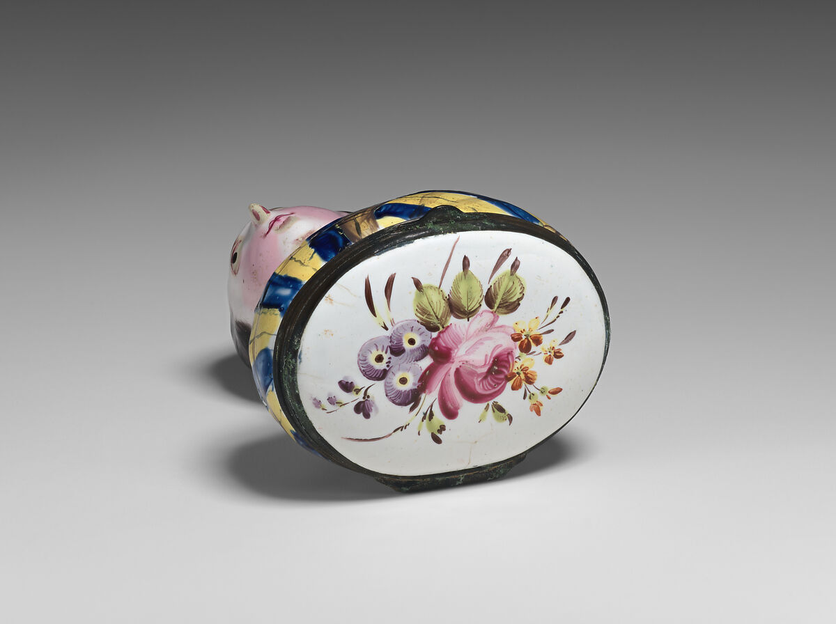 Bust of a woman bonbonnière and scent bottle, Enamel on copper, glass, British, possibly South Staffordshire, possibly Bilston