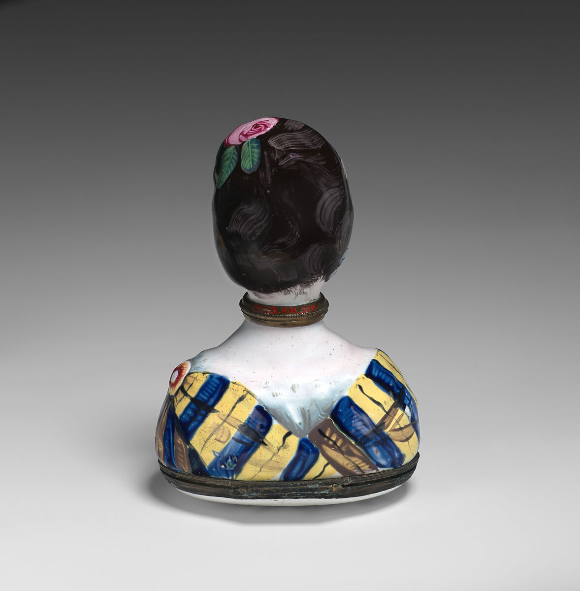 Bust of a woman bonbonnière and scent bottle, Enamel on copper, glass, British, possibly South Staffordshire, possibly Bilston