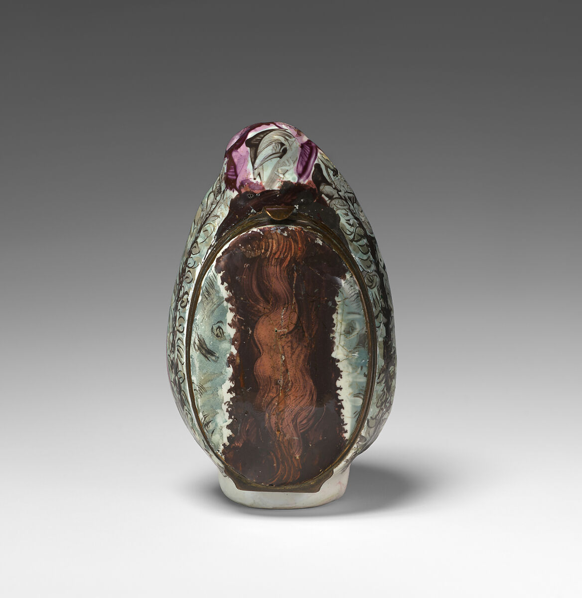 Head of a woman bonbonnière, Enamel on copper, British, possibly Bilston