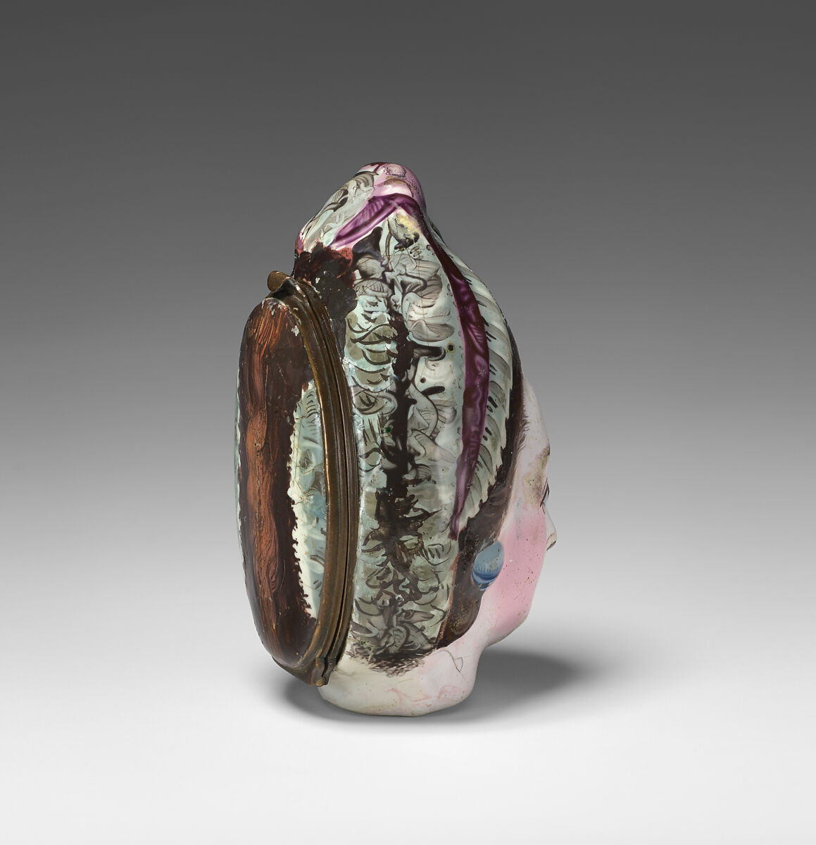 Head of a woman bonbonnière, Enamel on copper, British, possibly Bilston