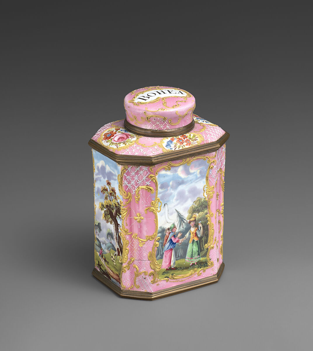 Pair of tea caddies (part of a set), Enamel on copper, British, South Staffordshire
