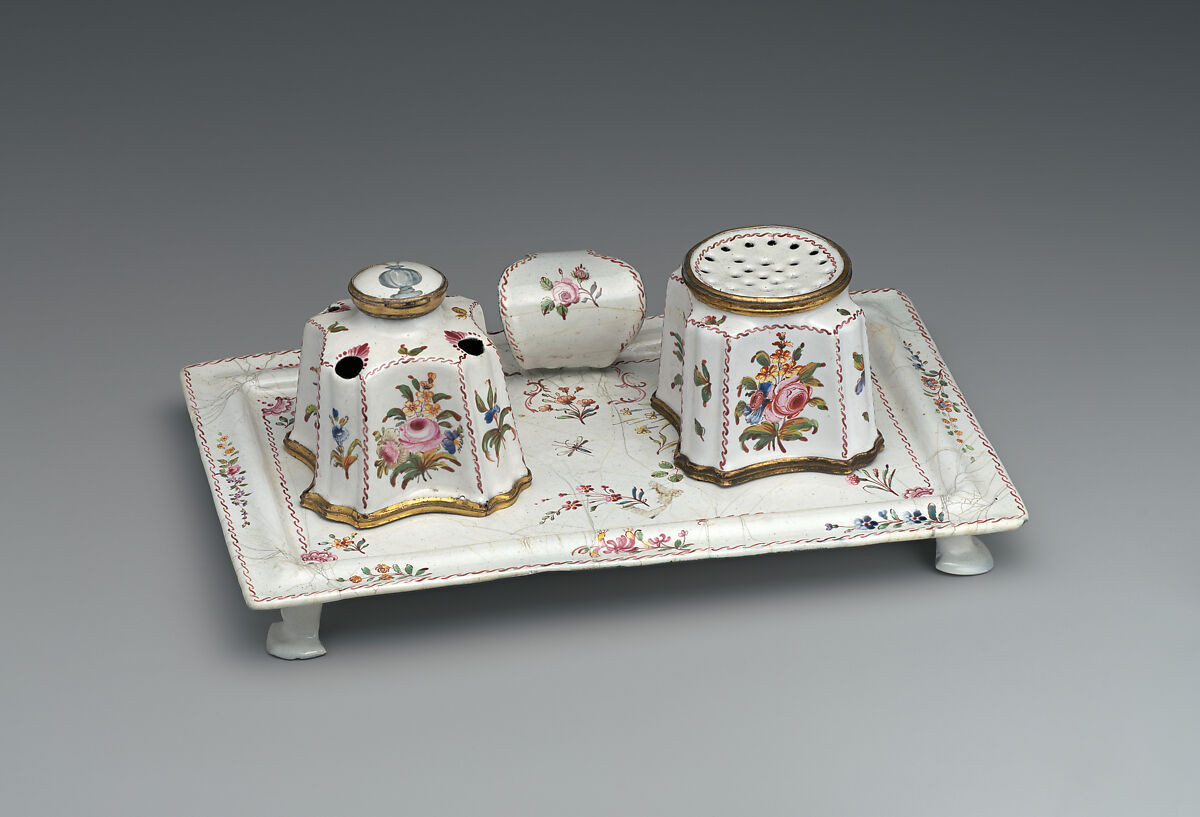 Desk set with inkwell and pounce pots, Enamel on copper, British, Bilston 