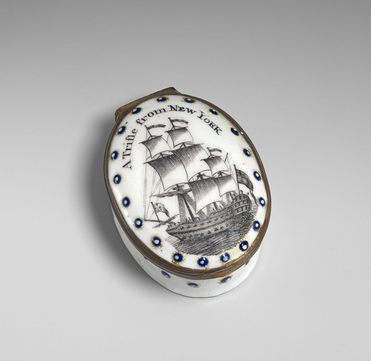 Enamel Patch Box "A Trifle from New York", Enamel on copper, British, made for the American market  