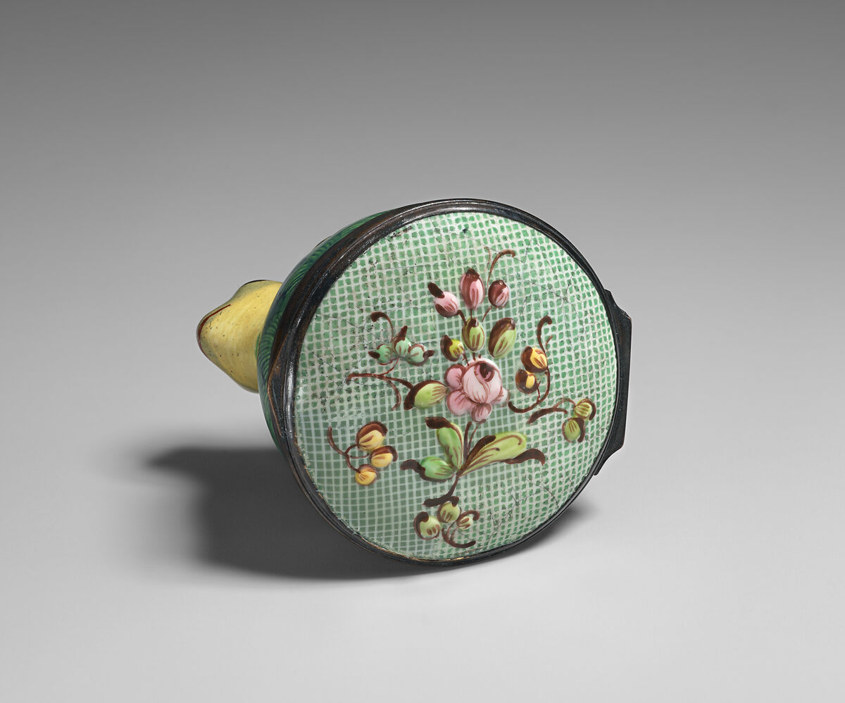 Bonbonnière in the shape of a frog, Enamel on copper, British, possibly South Staffordshire