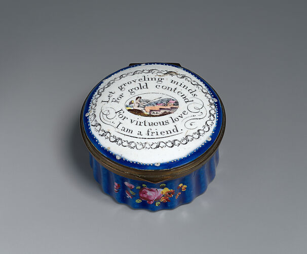 Patch Box with Cupid, “Let groveling minds / For gold contend / For virtuous love / I am a Friend.”
