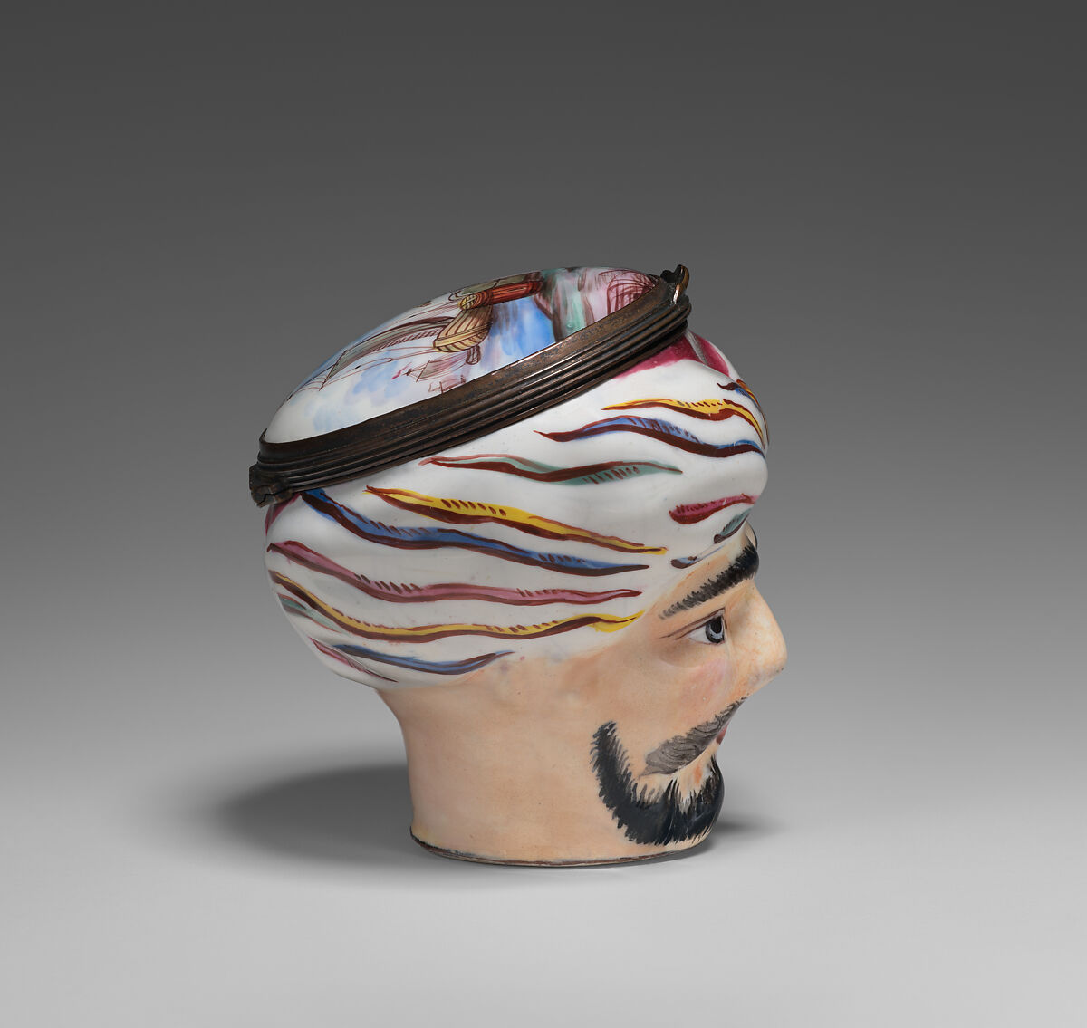 Head of a turbaned man bonbonnière, Enamel on copper, British, possibly South Staffordshire, possibly Bilston