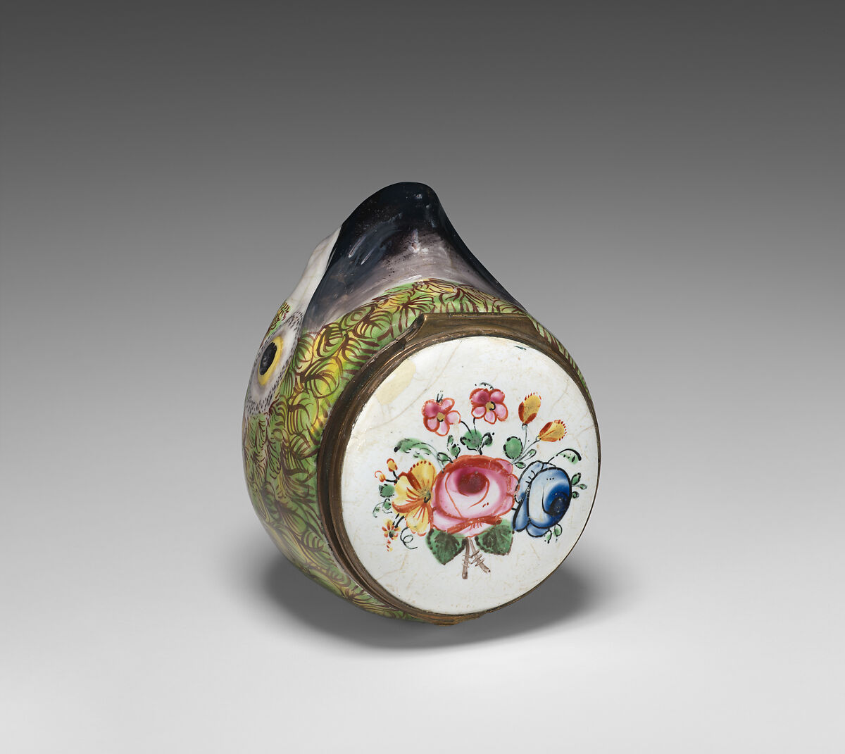 Bonbonnière in the form of a parrot's head, Enamel on copper, British, possibly South Staffordshire, possibly Birmingham