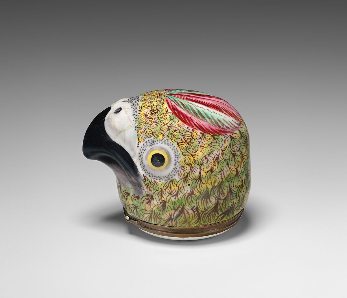 Bonbonnière in the form of a parrot's head, Enamel on copper, British, possibly South Staffordshire, possibly Birmingham