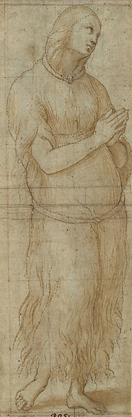 Cartoon for Saint Mary Magdalene, Raphael (Raffaello Sanzio or Santi)  Italian, Pen and brown ink, brush and brown wash, over black chalk or leadpoint underdrawing; squared in black chalk, with framing outlines in black chalk, and one in red chalk; outlines finely pricked for transfer; verso rubbed heavily with black chalk pouncing dust, on paper