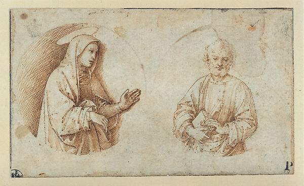 Two Roundels with the Mater Dolorosa and Saint Peter, Raphael (Raffaello Sanzio or Santi)  Italian, Pen and brown ink, over leadpoint underdrawing; incised compass construction for the drawn framing circular framing outlines; outlines finely pricked for transfer of the design; verso rubbed with black chalk pouncing dust, with an equilateral triangle drawn in pen and brown ink, and an unintelligible, cropped design in black chalk, on paper
