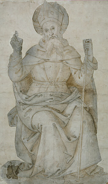 The Seated Saint Augustine (Cartoon for a Painting), Perugino (Pietro di Cristoforo Vannucci)  Italian, Pen and brown ink, brush and pale brown wash, with underdrawing and overdrawing in black chalk; traces of a vertical axis line in black chalk; outlines pricked and rubbed with pouncing dust for transfer, silhouetted closely along the figure and mounted on secondary paper support