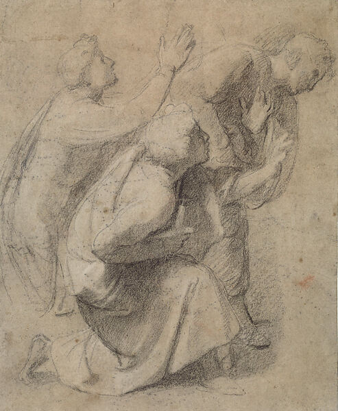 Three Male Figures, Two Kneeling, One Standing (Study for the Apostles in the Monteluce Altarpiece [The Coronation of the Virgin]), Raphael (Raffaello Sanzio or Santi)  Italian, Soft black chalk, with traces of highlights in brush and white gouache (now partly faded), unrelated design in pounce marks (spolvero), on paper