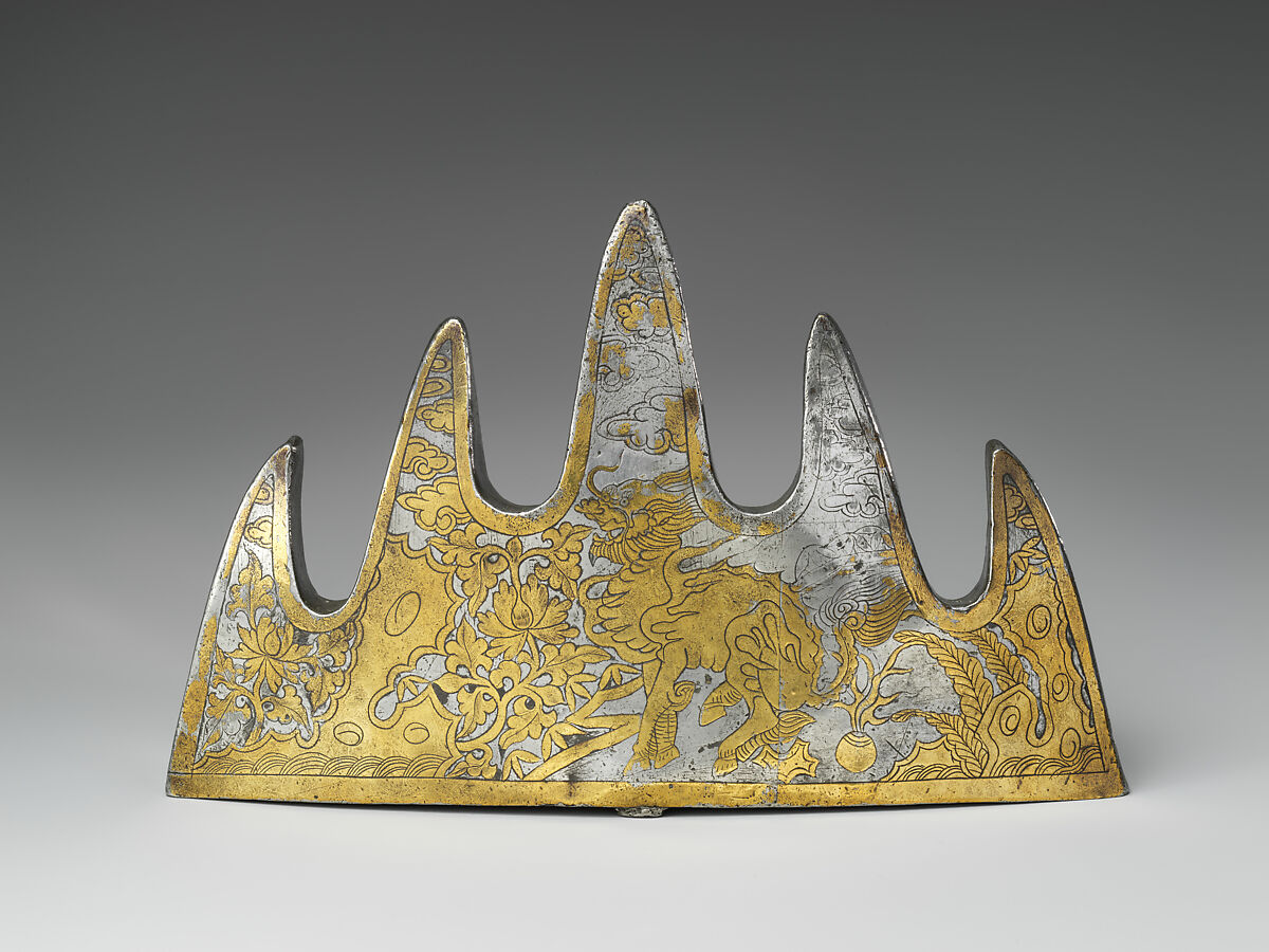 Mountain-form brush rest with mythical beasts, Pewter, brass, China