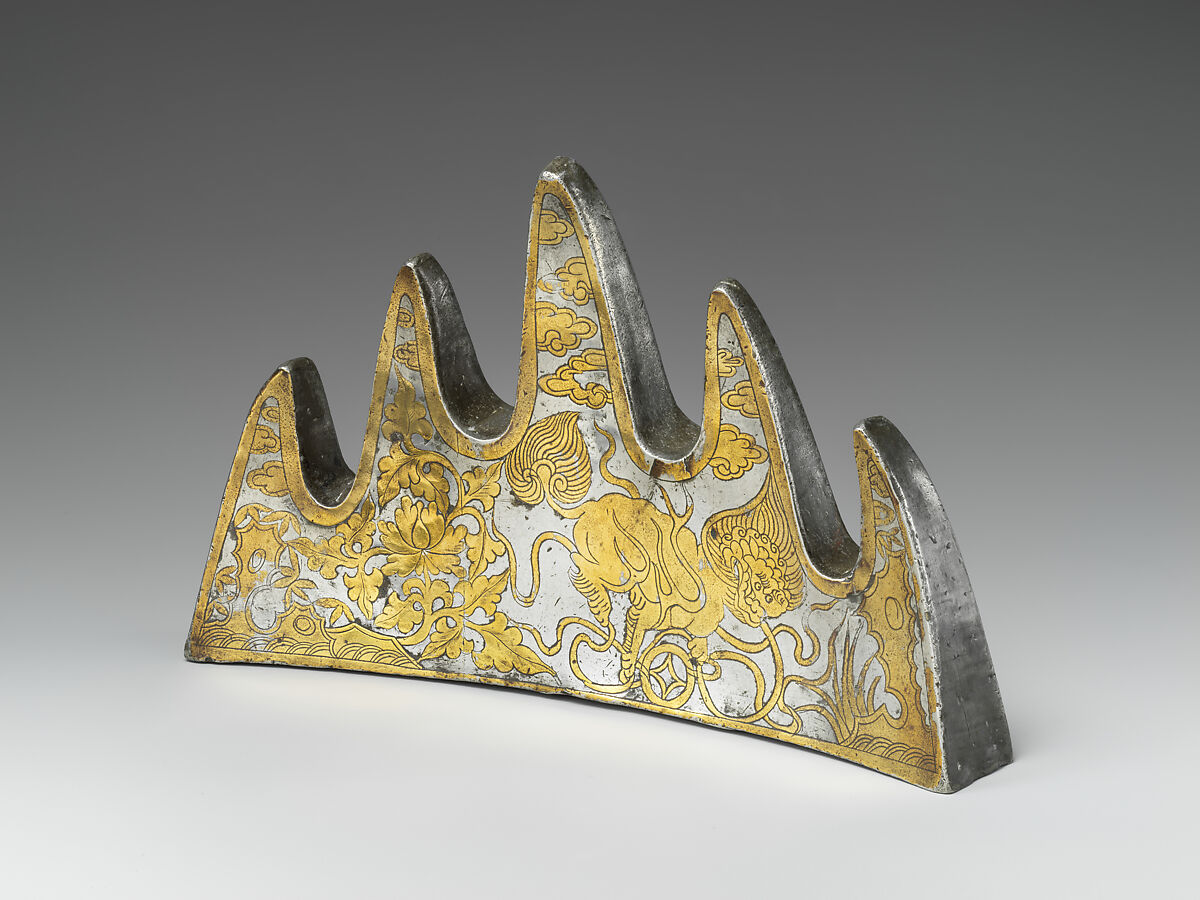 Mountain-form brush rest with mythical beasts, Pewter, brass, China