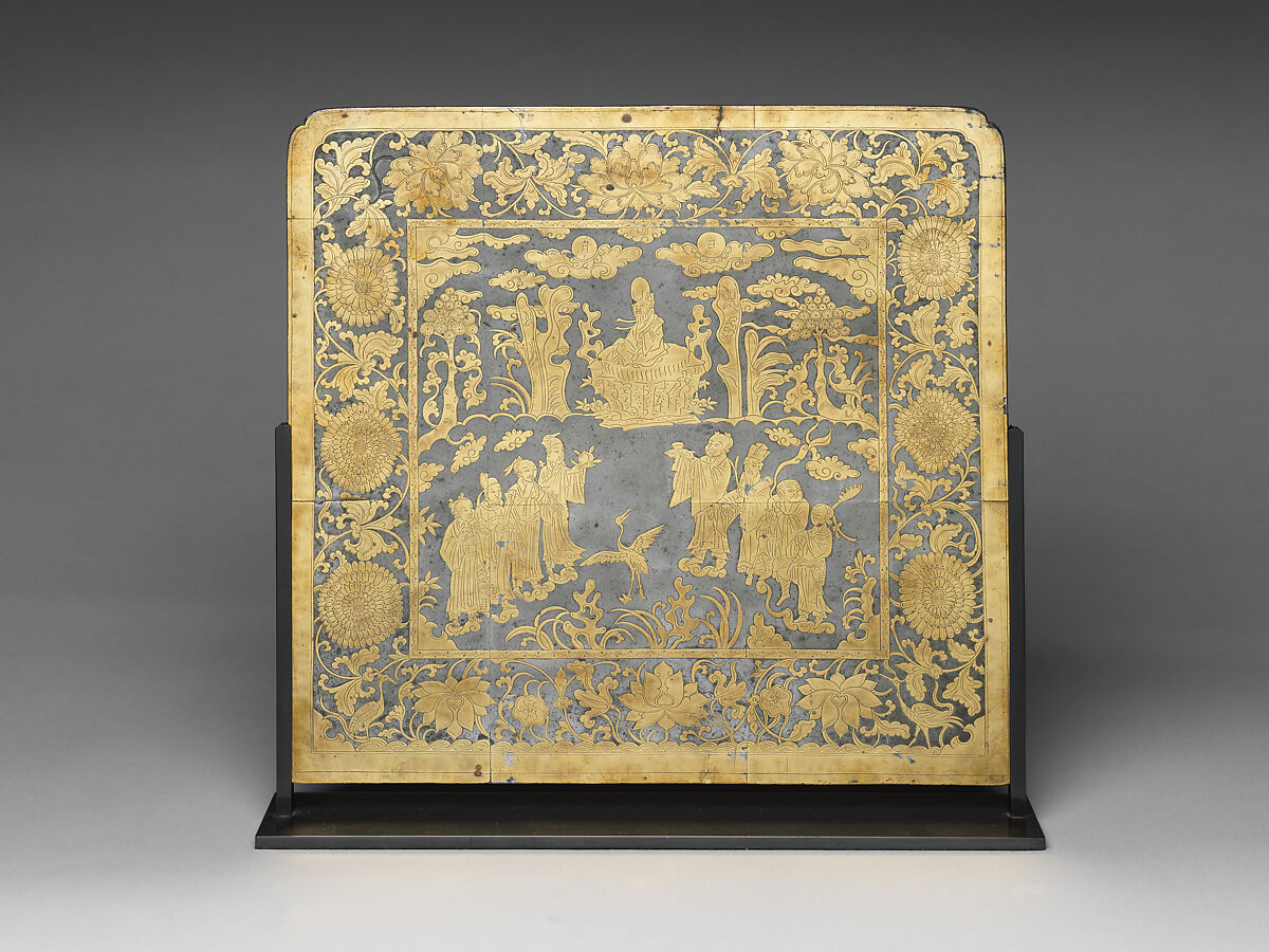 Table screen with immortals, Pewter, brass, China 
