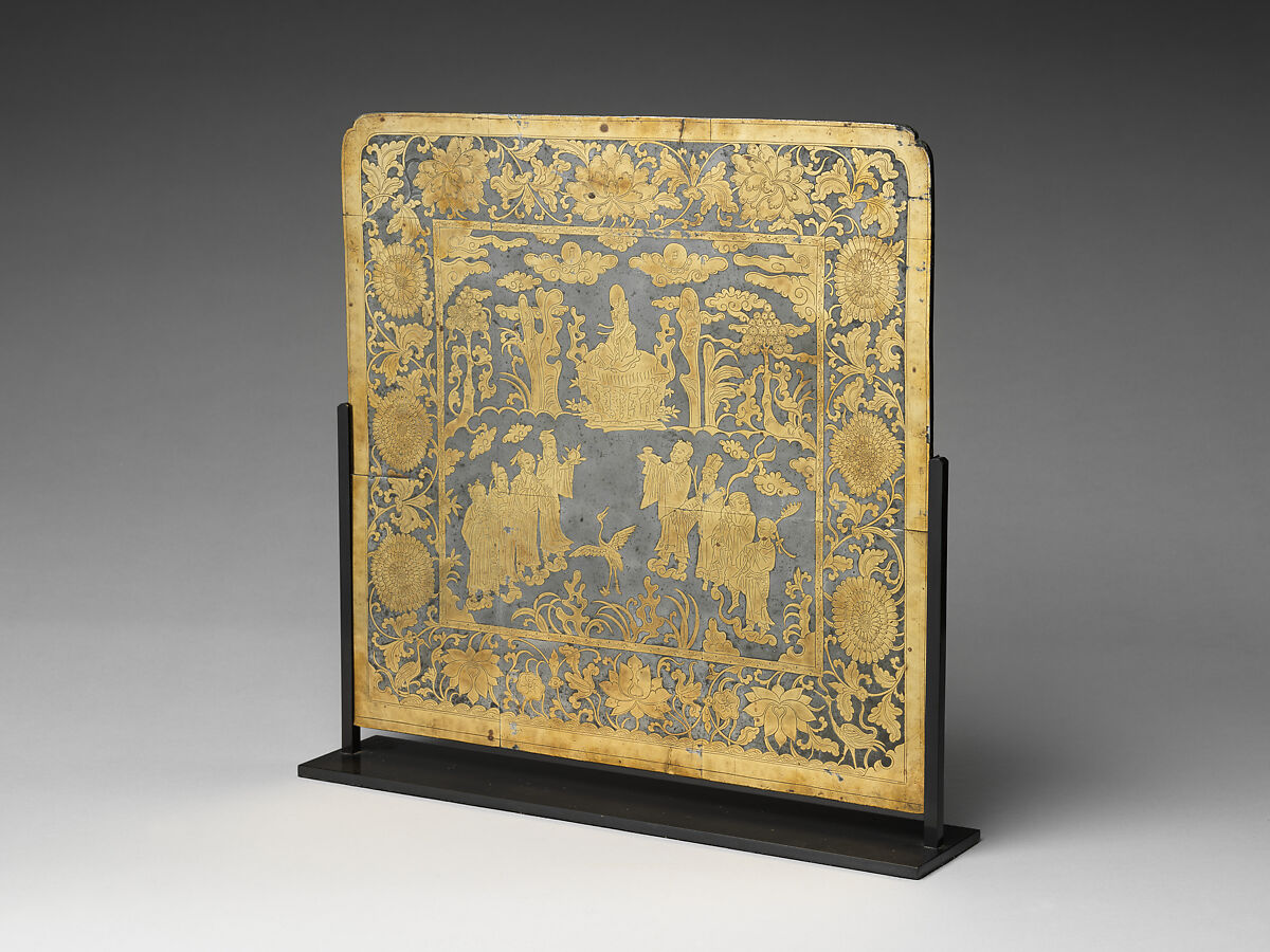Table screen with immortals, Pewter, brass, China