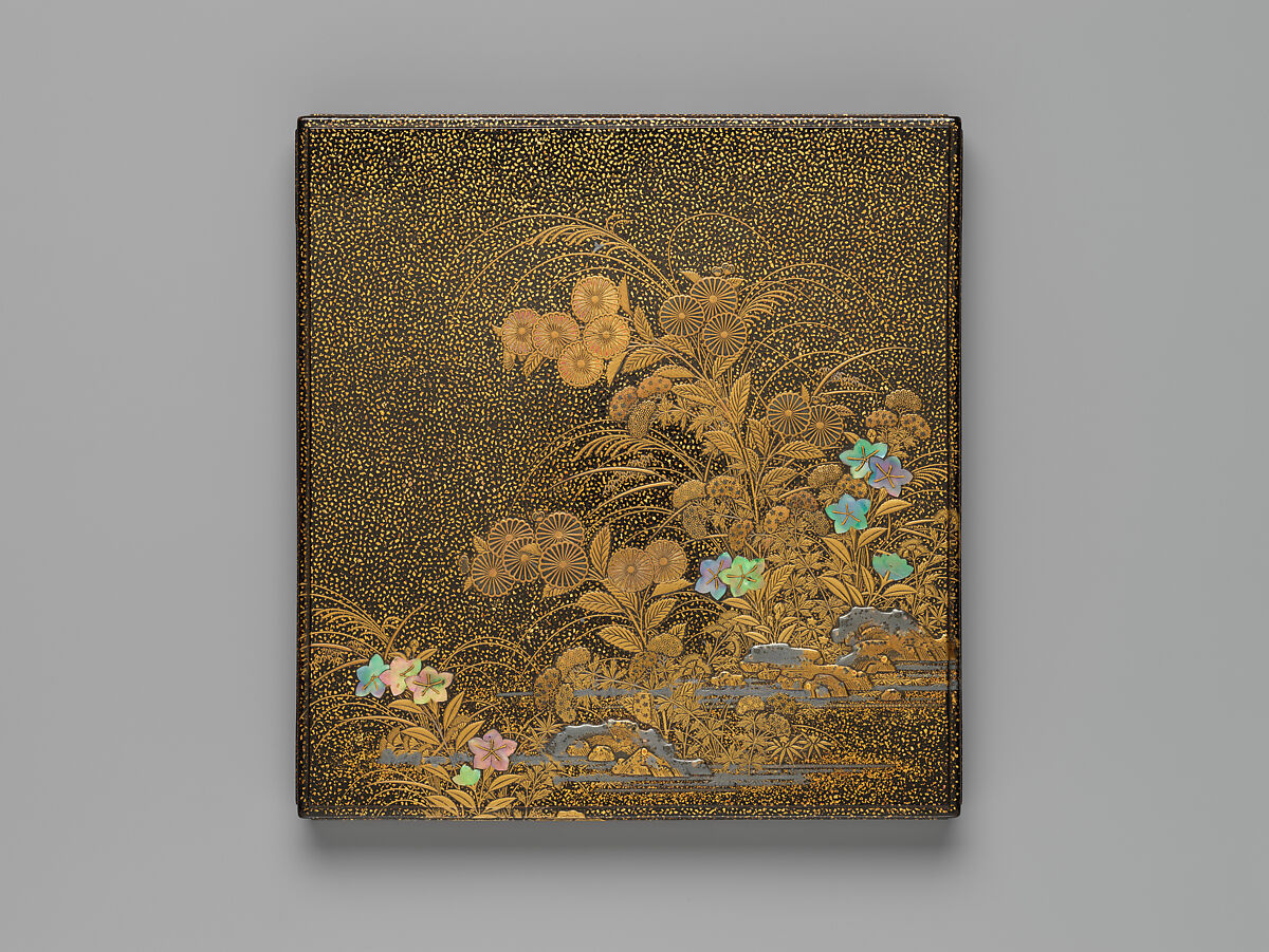 Writing box (suzuribako) with chrysanthemums and autumn grasses, Attributed to Igarashi Dōho (Japanese, died 1678), Lacquered wood with gold, silver takamaki-e, hiramaki-e, togidashimaki-e, cut-out gold and silver foil application, mother-of-pearl inlay, Japan