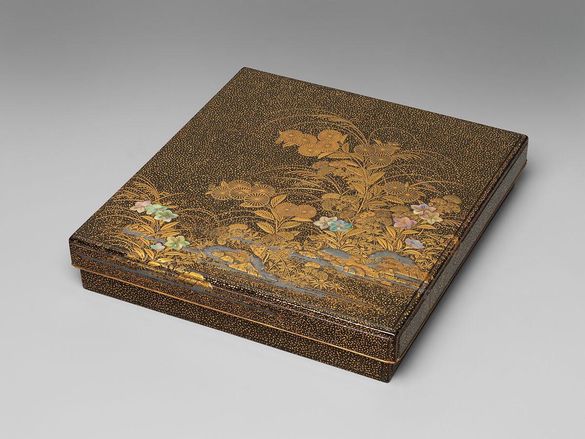 Writing box (suzuribako) with chrysanthemums and autumn grasses, Attributed to Igarashi Dōho (Japanese, died 1678), Lacquered wood with gold, silver takamaki-e, hiramaki-e, togidashimaki-e, cut-out gold and silver foil application, mother-of-pearl inlay, Japan 